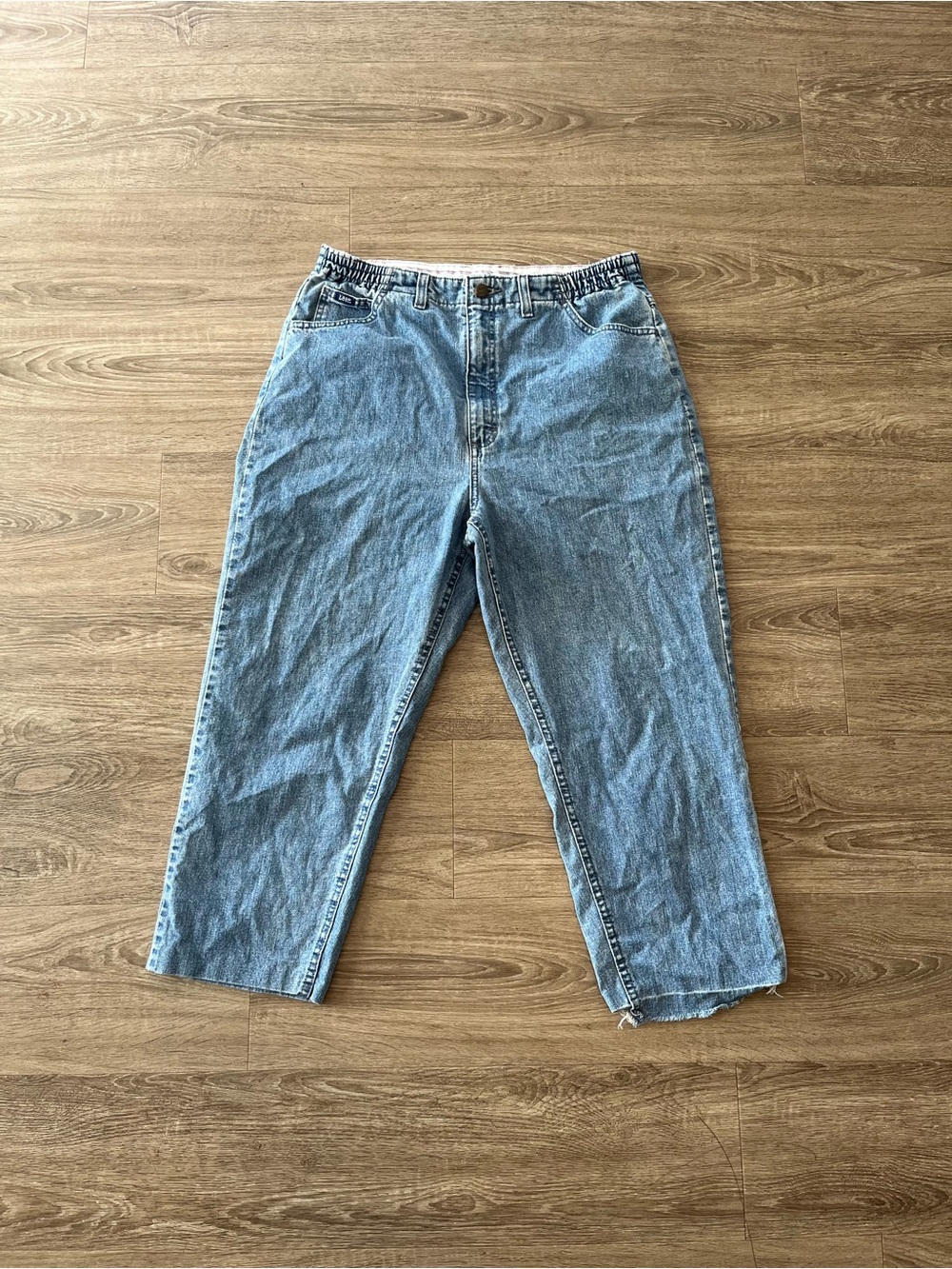 Lee High Rise Crop Straight Mom Jeans Womens Size 14 Blue Elastic Waist Denim